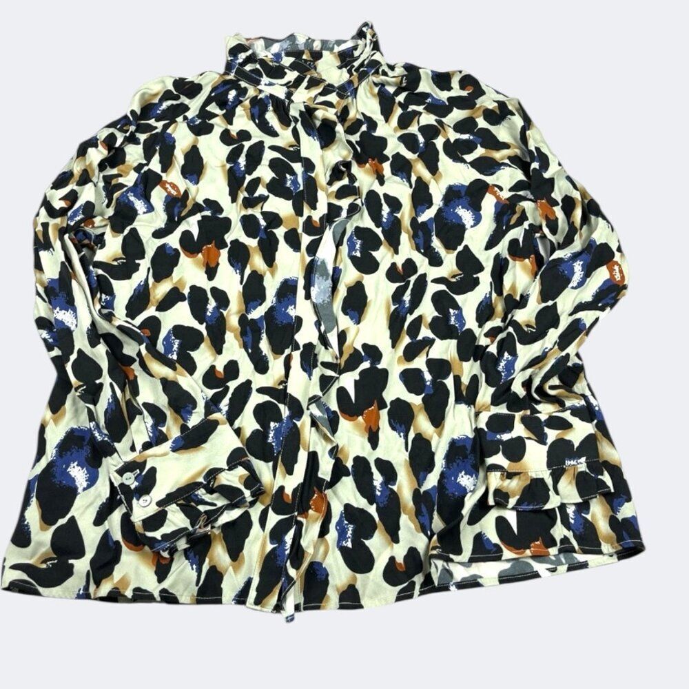 Boho Chic Abstract Ruffle Neck Blouse XL Mod Painterly Button Down Retro Artsy